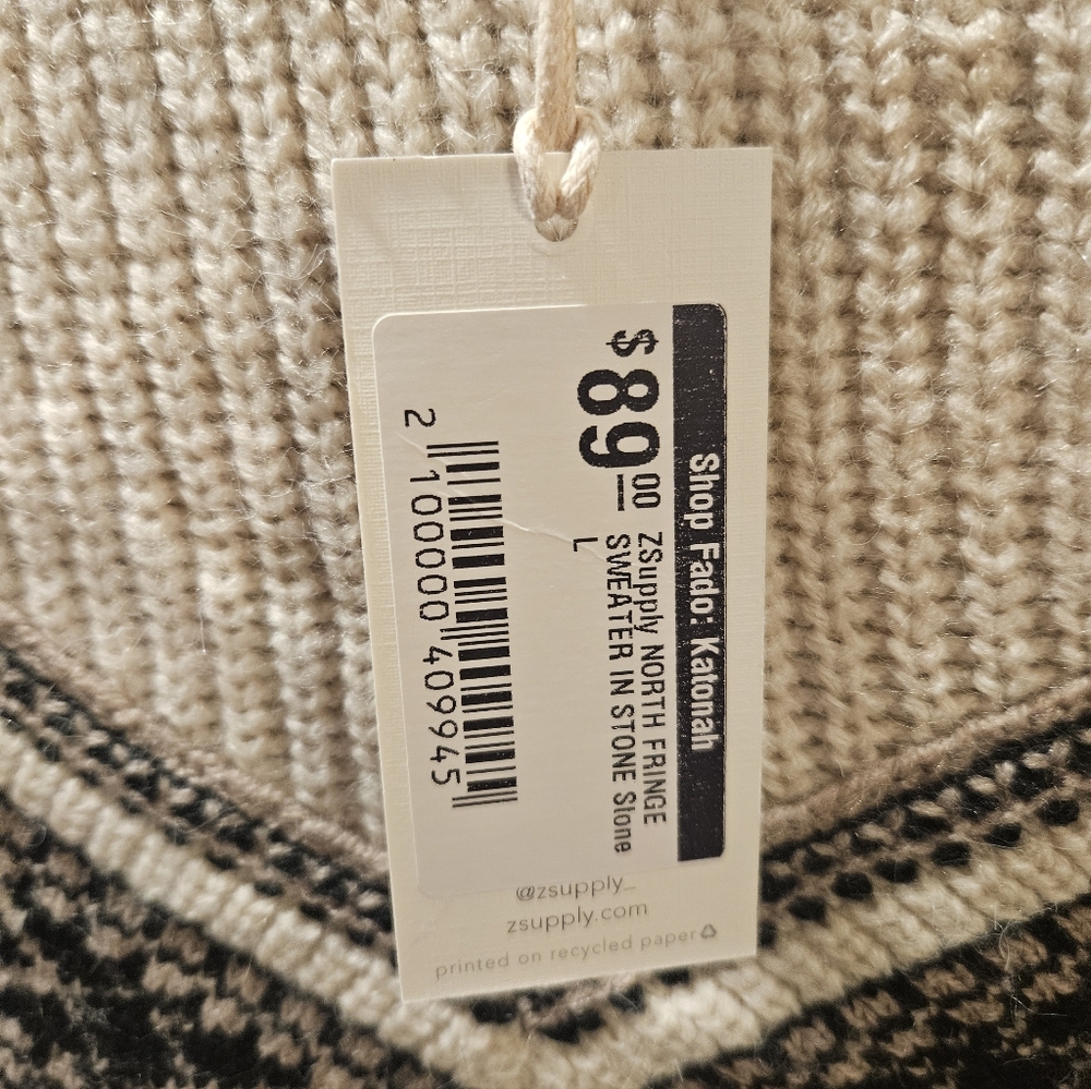 ZSupply Beige Sweater with Black Fringe Pattern Nwt - Picture 5 of 6